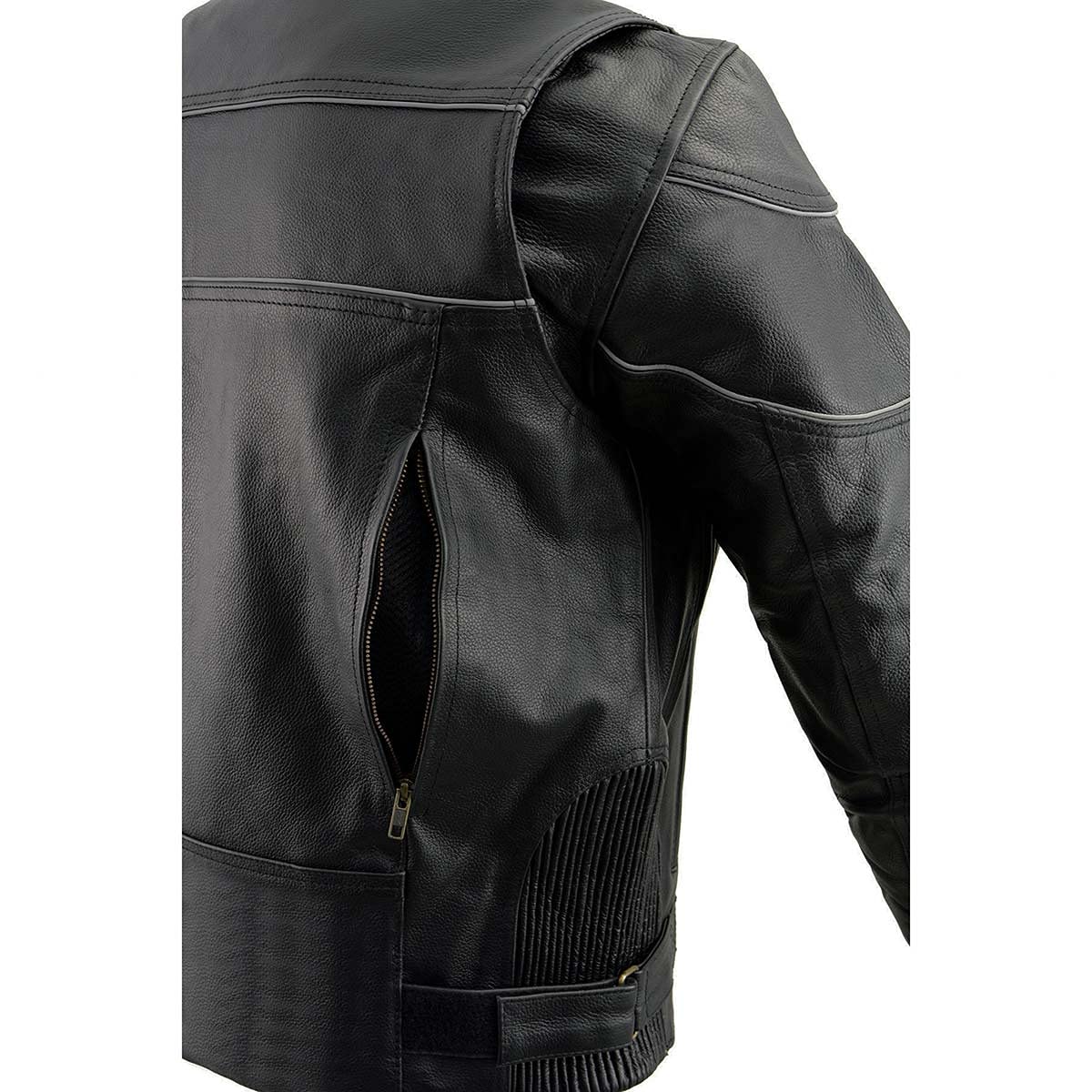 Milwaukee Leather SH1785 Men's Black Leather Scooter Style Motorcycle Jacket w/Side Stretch and Reflective Piping - Large