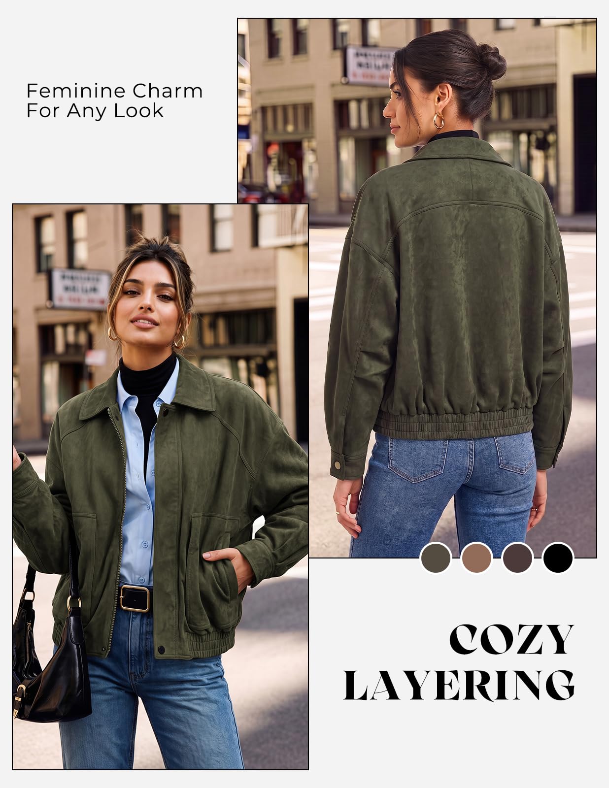GRACE KARIN Women's Faux Suede Jacket Fall Long Sleeve Coat Army Green M