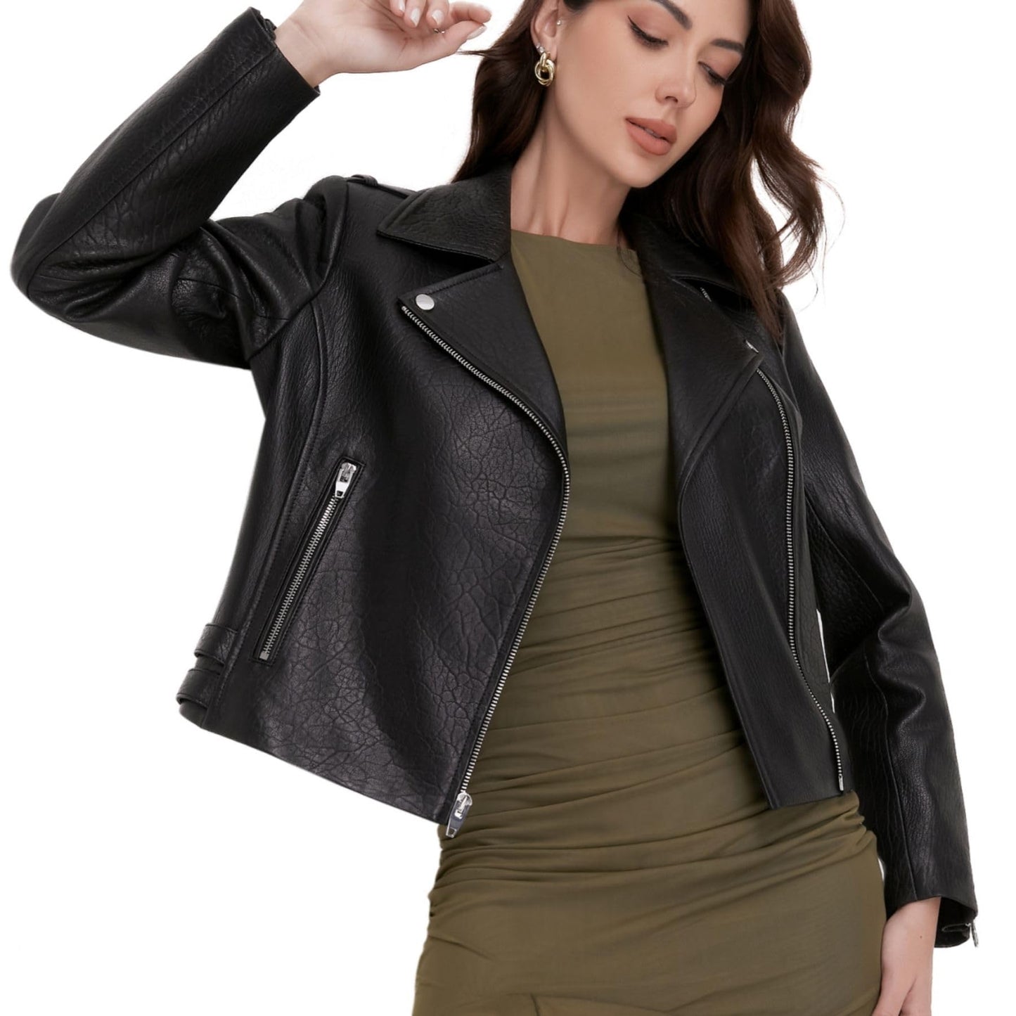 SILVER FASHIONS Lambskin Leather Jacket Women,Motorcycle Jacket,Asymmetrical Zip Style,Buckle Belts,Quilted Details (US, Alpha, X-Large, Regular, Regular, BLACK BUBBLE LAMB)