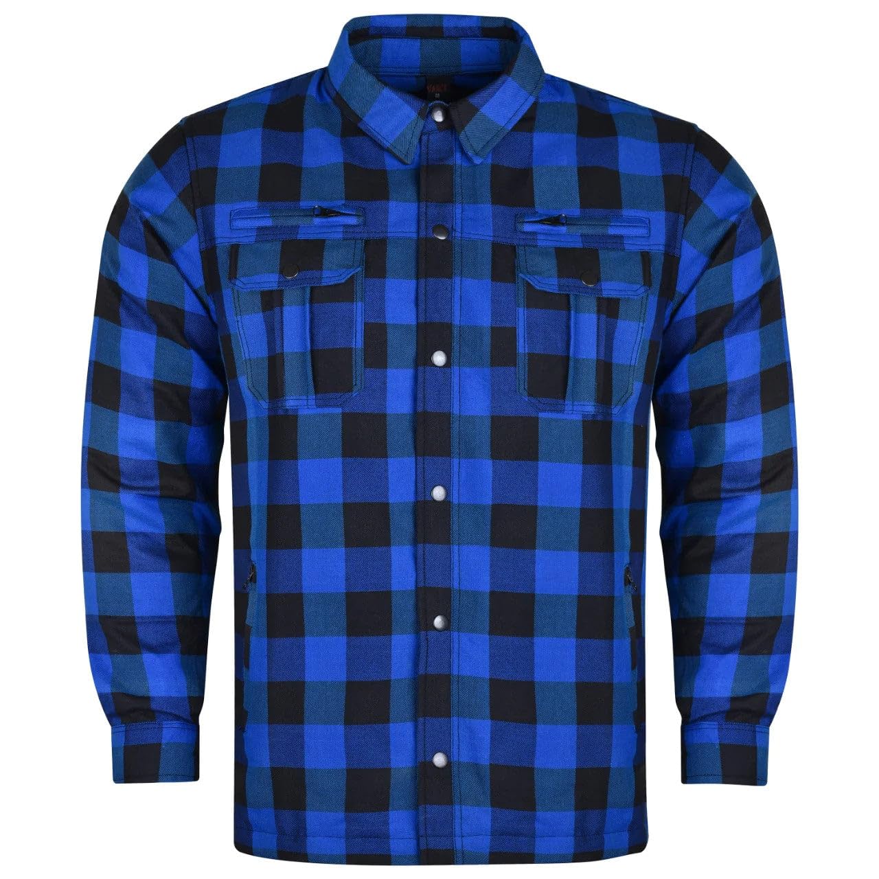 Mens Armored Checkered Flannel Biker Shirt, Multiple Waterproof Storage Pockets CE Approved Armor Reinforced Water Resistant (Blue, M)