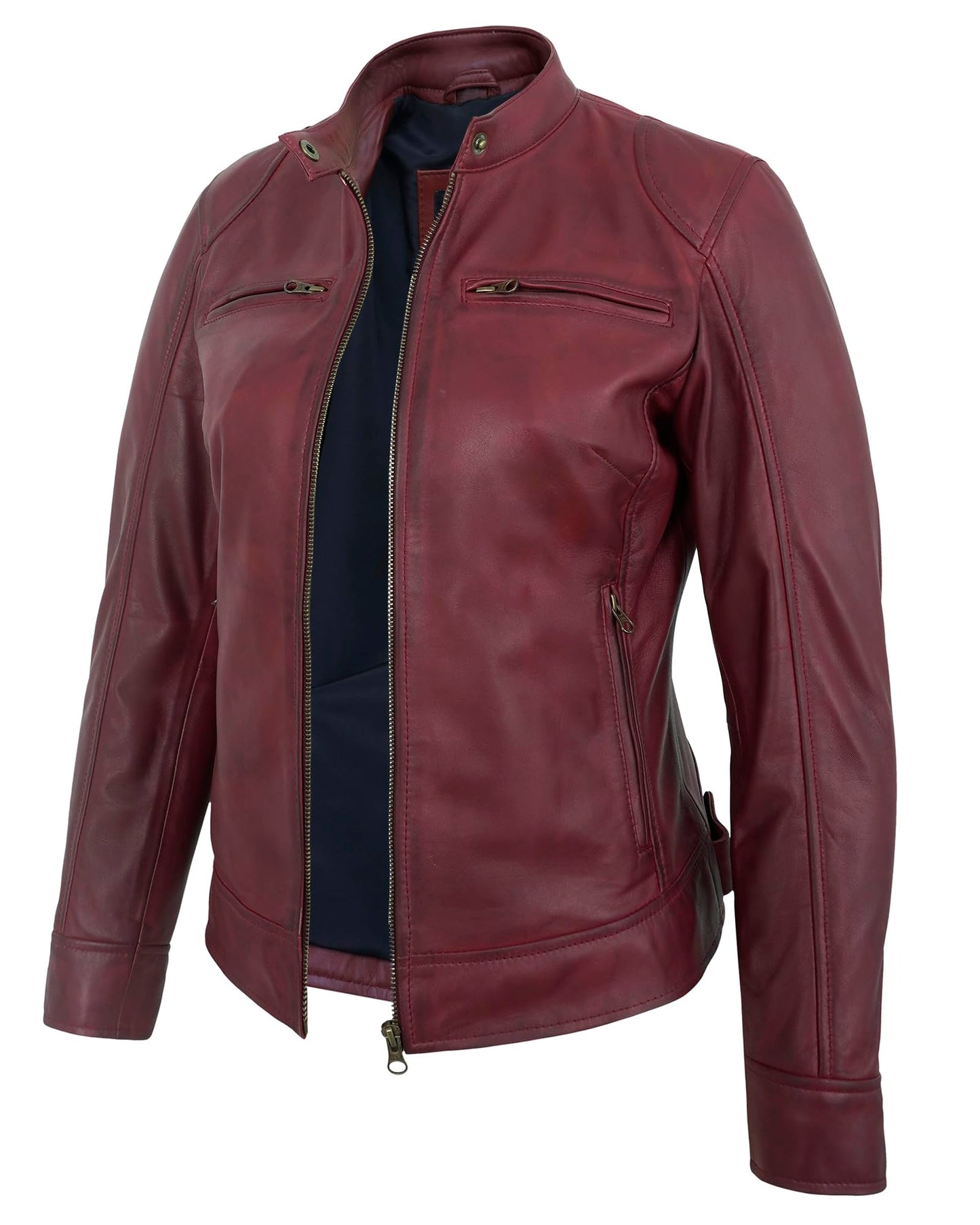 UrbanFocal Maroon Leather Jacket Women - Real Lambskin Biker Leather Jacket Women | [101007903] Maroon Ddge, M