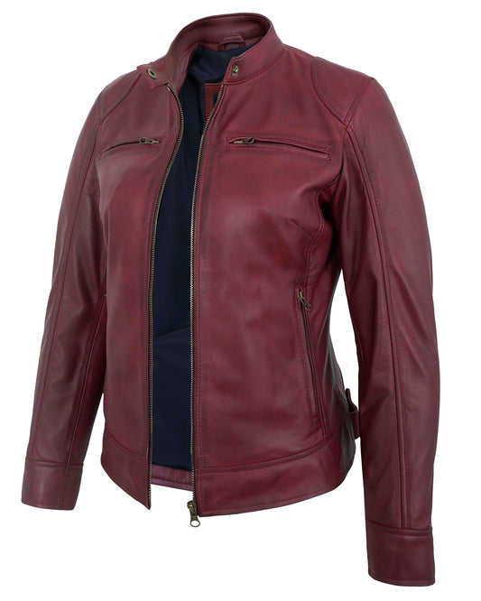 UrbanFocal Maroon Leather Jacket Women - Real Lambskin Biker Leather Jacket Women | [101007903] Maroon Ddge, M