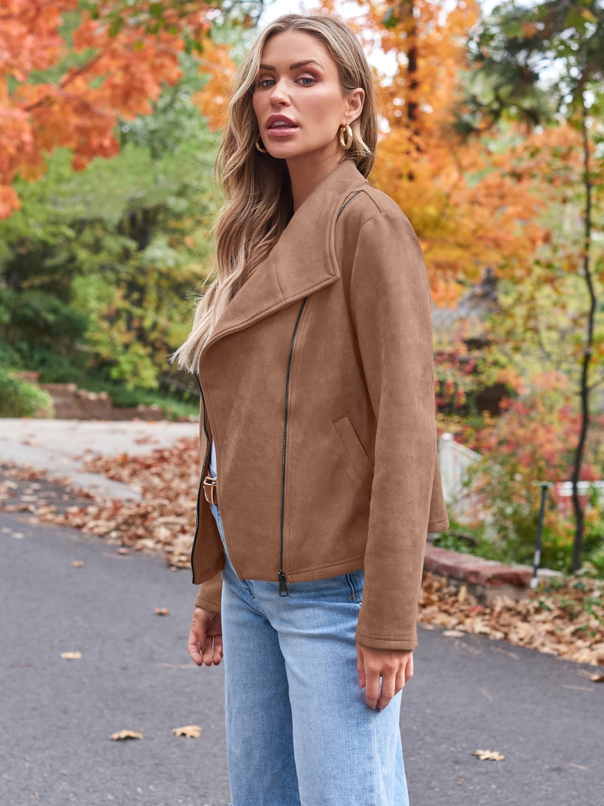 AUTOMET Women's Faux Suede Leather Jacket Cropped Open Front Cardigan Buttery Soft Lightweight Fall Coat Camel S