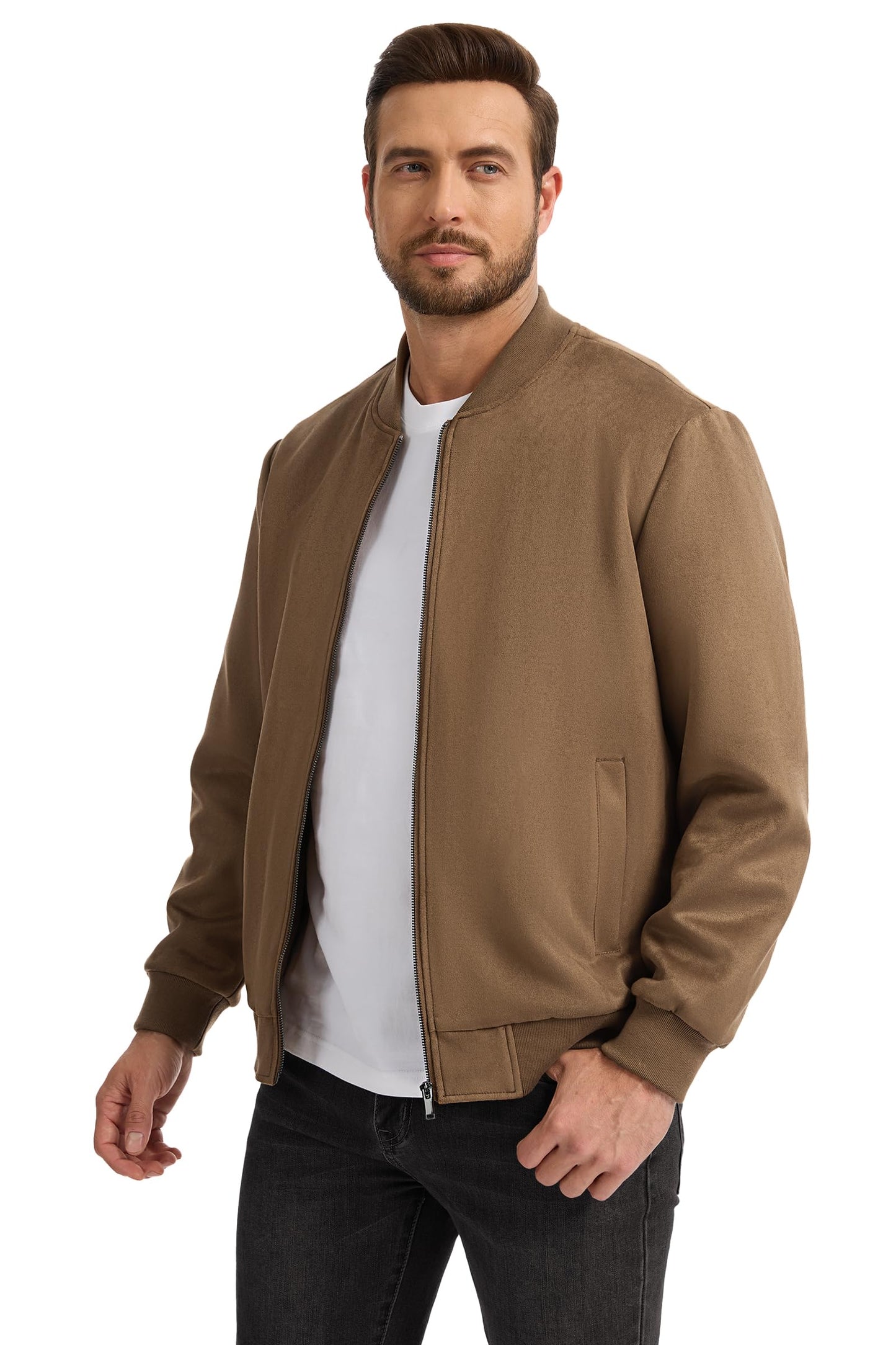 Fahsyee Men's Faux Suede Bomber Jacket, Casual Lightweight Varsity Style Full Zip Up Leather Coat Brown L