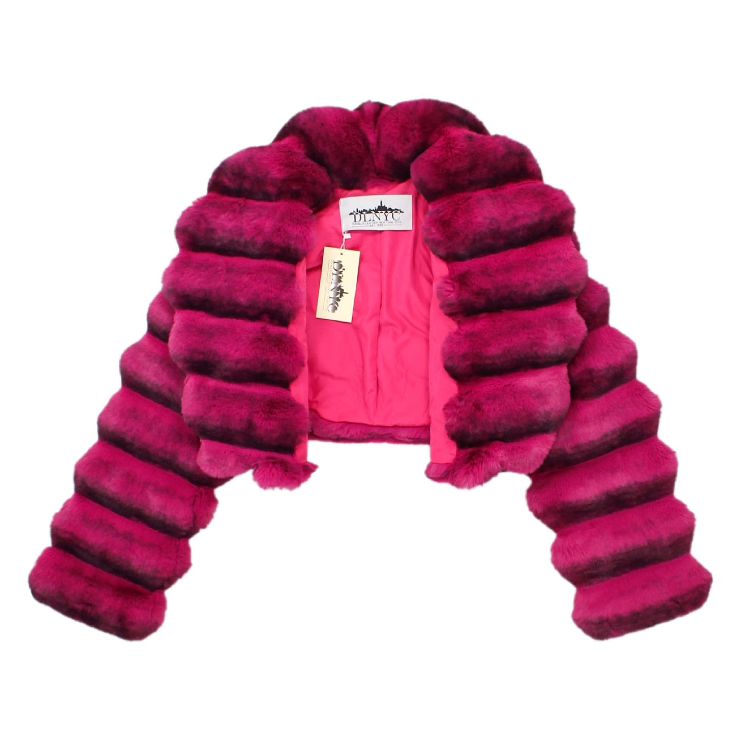 DLNYC - Luxury Chinchilla Faux Fur Jacket for Women, Cropped Puffer Style, Puffer Style, Women's Winter Outerwear (US, Alpha, Medium, Regular, Regular, Pink)