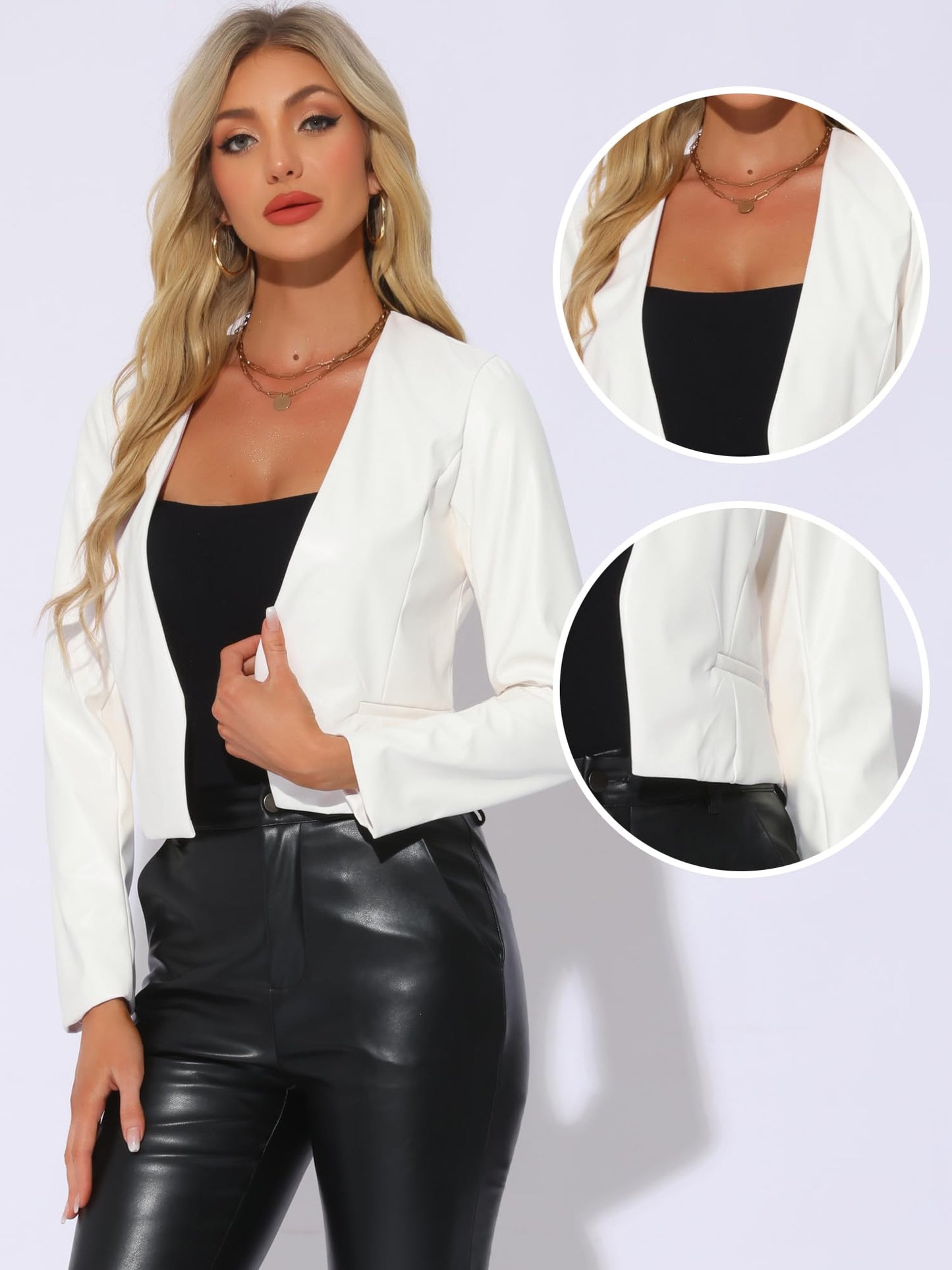 Allegra K Faux Leather Jacket for Women's Collarless Open Front Crop PU Moto Biker Jackets Medium White