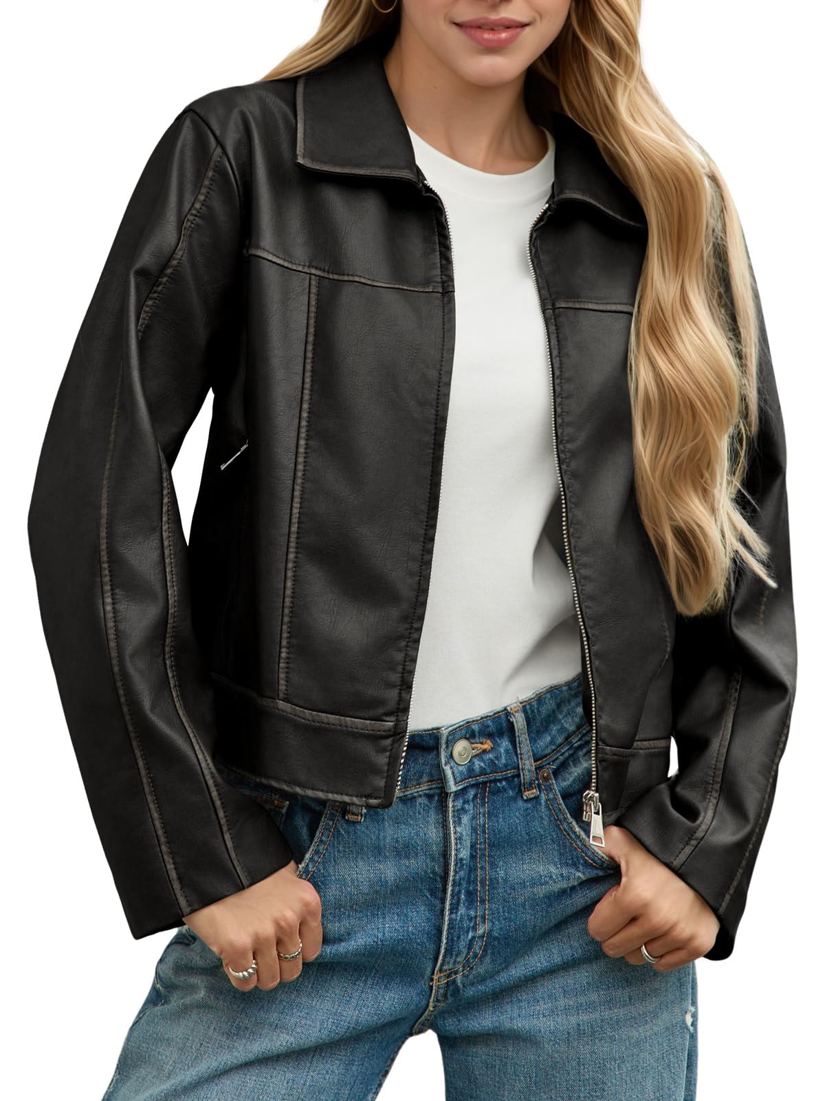 Yousify Womens Faux Leather Jacket Casual Zip Up Motorcycle Long Sleeve Collared Spring Cropped Coats with Pockets