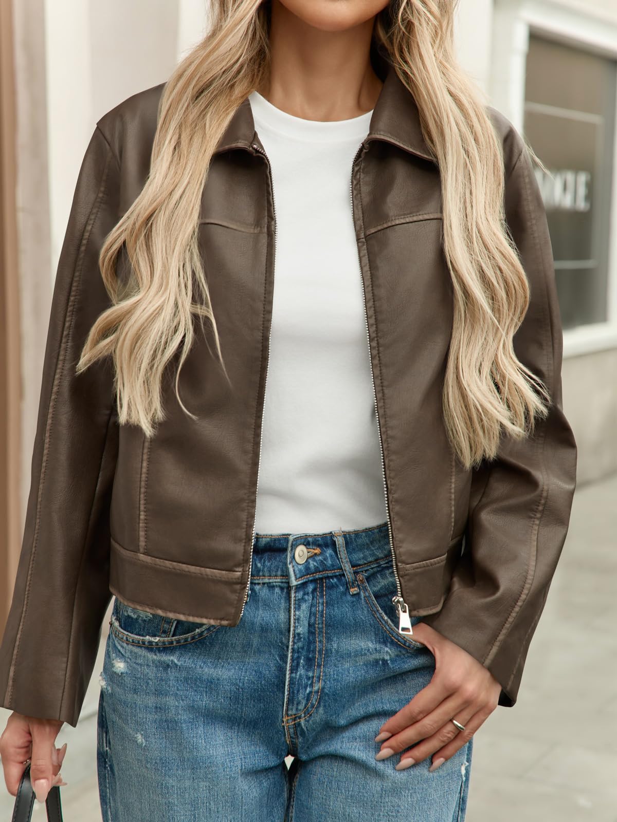 Yousify Womens Faux Leather Jacket Casual Zip Up Motorcycle Long Sleeve Collared Spring Cropped Coats with Pockets