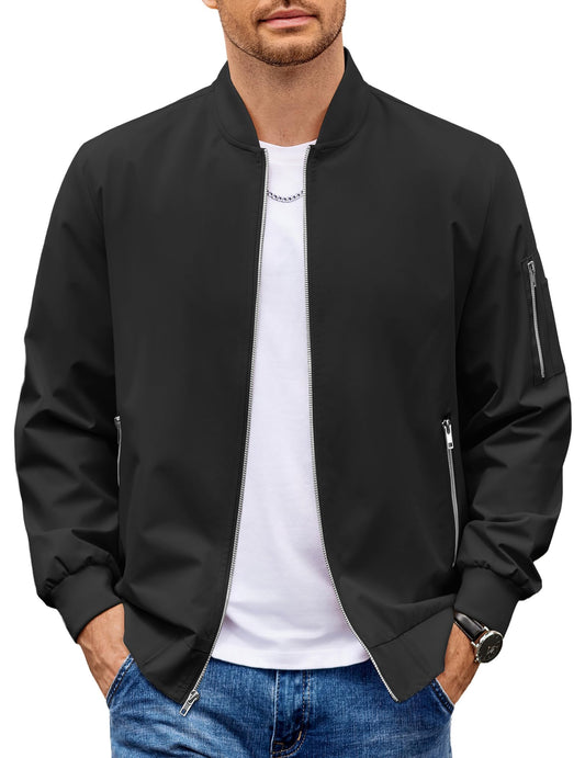 COOFANDY Black Bomber Jacket Lightweight Casual Windbreaker Spring Fall Zip Up Jackets Polyester Coat With Pocket L
