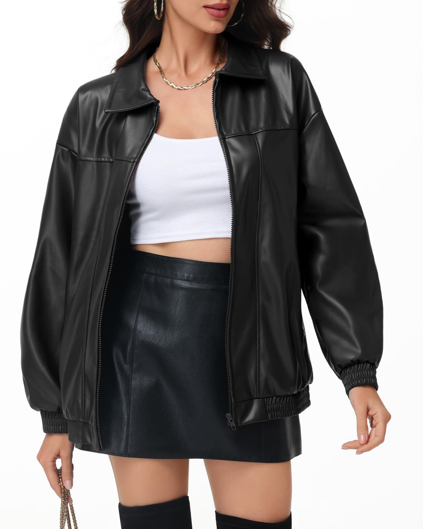 Simlakey Women Oversized Leather Jacket Faux Motorcycle Coat Zip up Long Sleeve Jacket Stylish Clothes 2026(Black,XL)