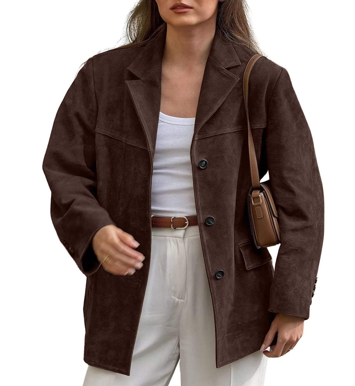 chouyatou Women's Faux Suede Blazer Jacket Notched Lapel Single Breasted Faux Suede Leather Suit Jacket (X-Small, Coffee Brown)