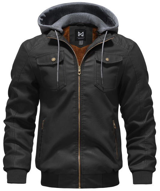 GGleaf Men's Faux Leather Jacket Waterproof Motorcycle Bomber Jacket Vintage PU Moto Biker Coat Black Medium
