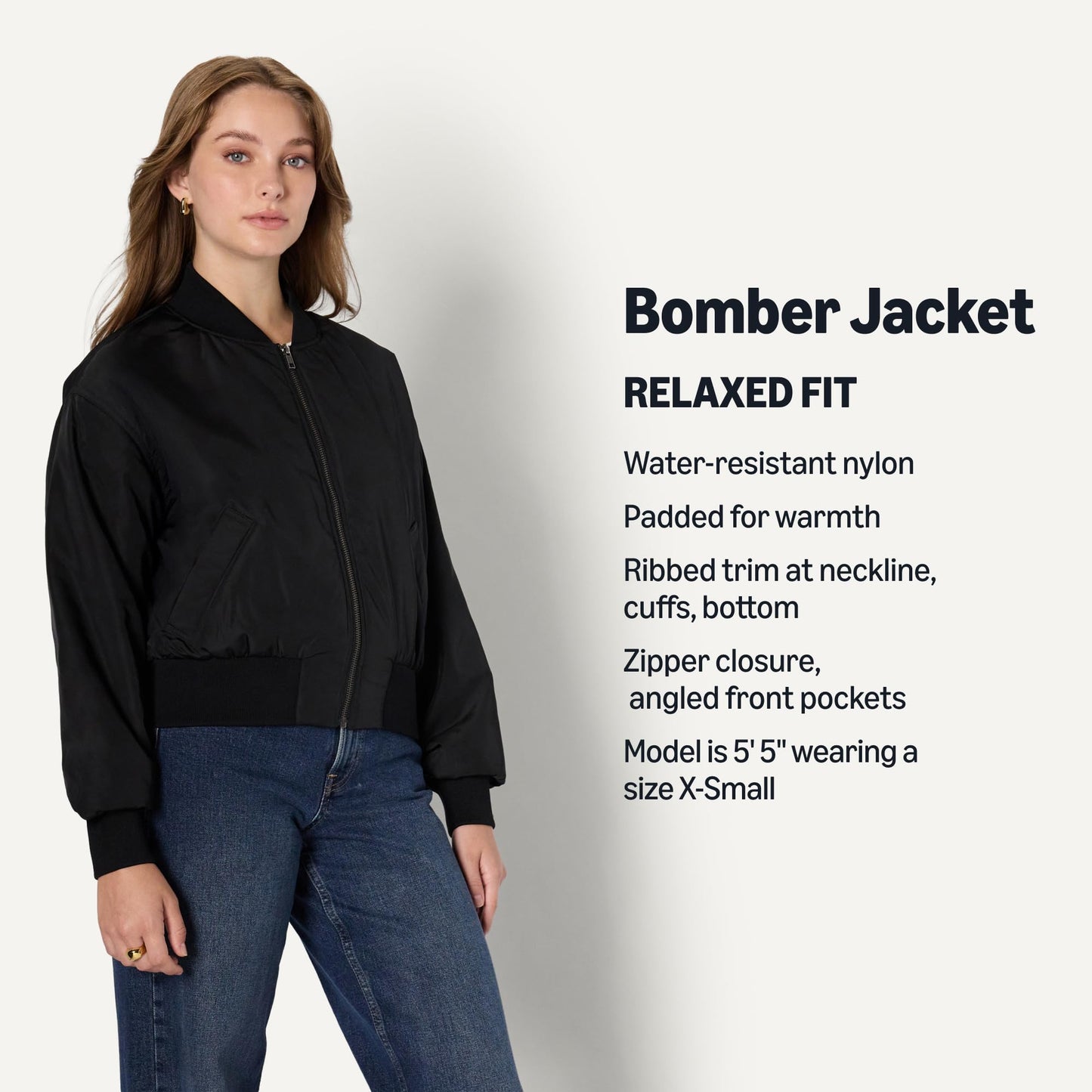 Amazon Essentials Women's Relaxed-Fit Denim Bomber Jacket, Black, Large