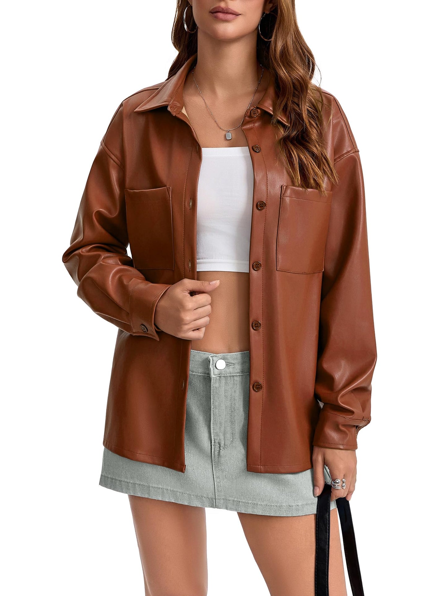 Haianguoji Women's Faux Leather Button-Down Shirt Jacket Lightweight Long Sleeve PU Blouse Shacket Tops (Brown, M)