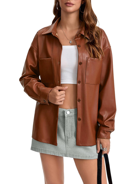 Haianguoji Women's Faux Leather Button-Down Shirt Jacket Lightweight Long Sleeve PU Blouse Shacket Tops (Brown, M)