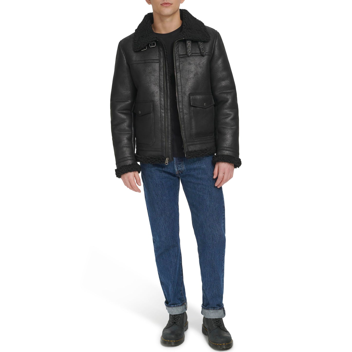 Levi's Men's Faux Shearling Rancher Aviator Jacket, Black Solid, Large