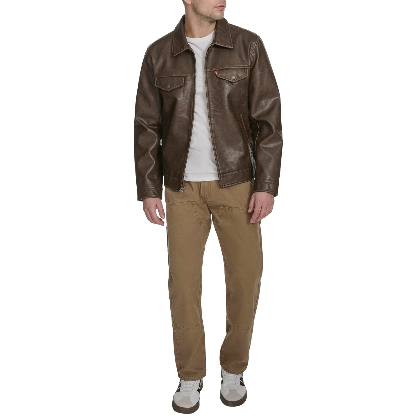 Levi's Men's Faux Leather Modern Trucker Jacket, Saddle, Medium
