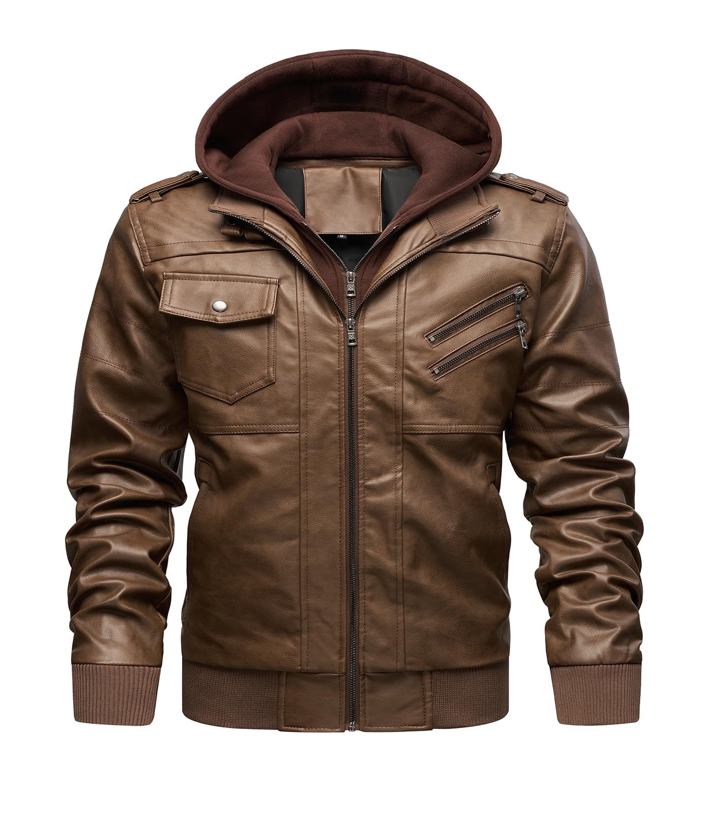 INVACHI Leather Jacket Men Motorcycle Biker Jacket Faux Leather Mens Bomber Jacket with Removable Hood Vintage Outwear