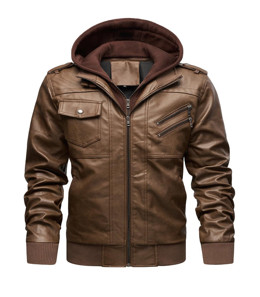 INVACHI Leather Jacket Men Motorcycle Biker Jacket Faux Leather Mens Bomber Jacket with Removable Hood Vintage Outwear