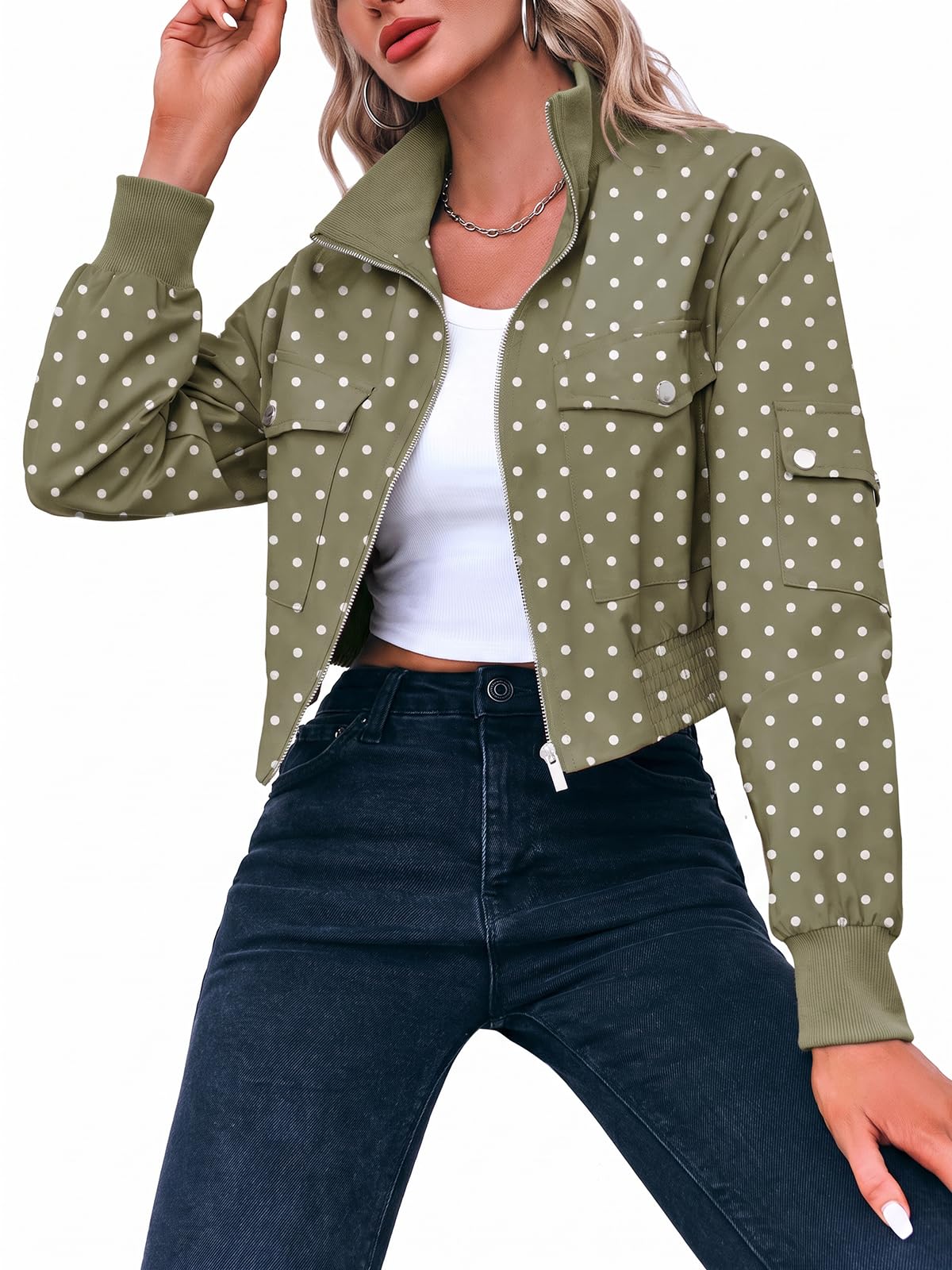 Fisoew Women's Cropped Bomber Jackets Lightweight Zip Up Short Coats