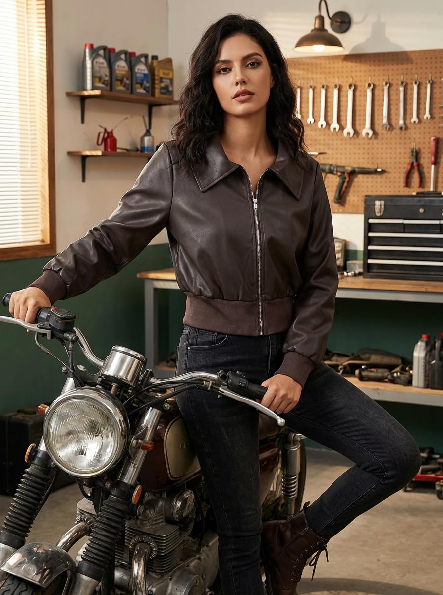Eliacher Cropped Pu Leather Bomber Jacket (US 8-10)