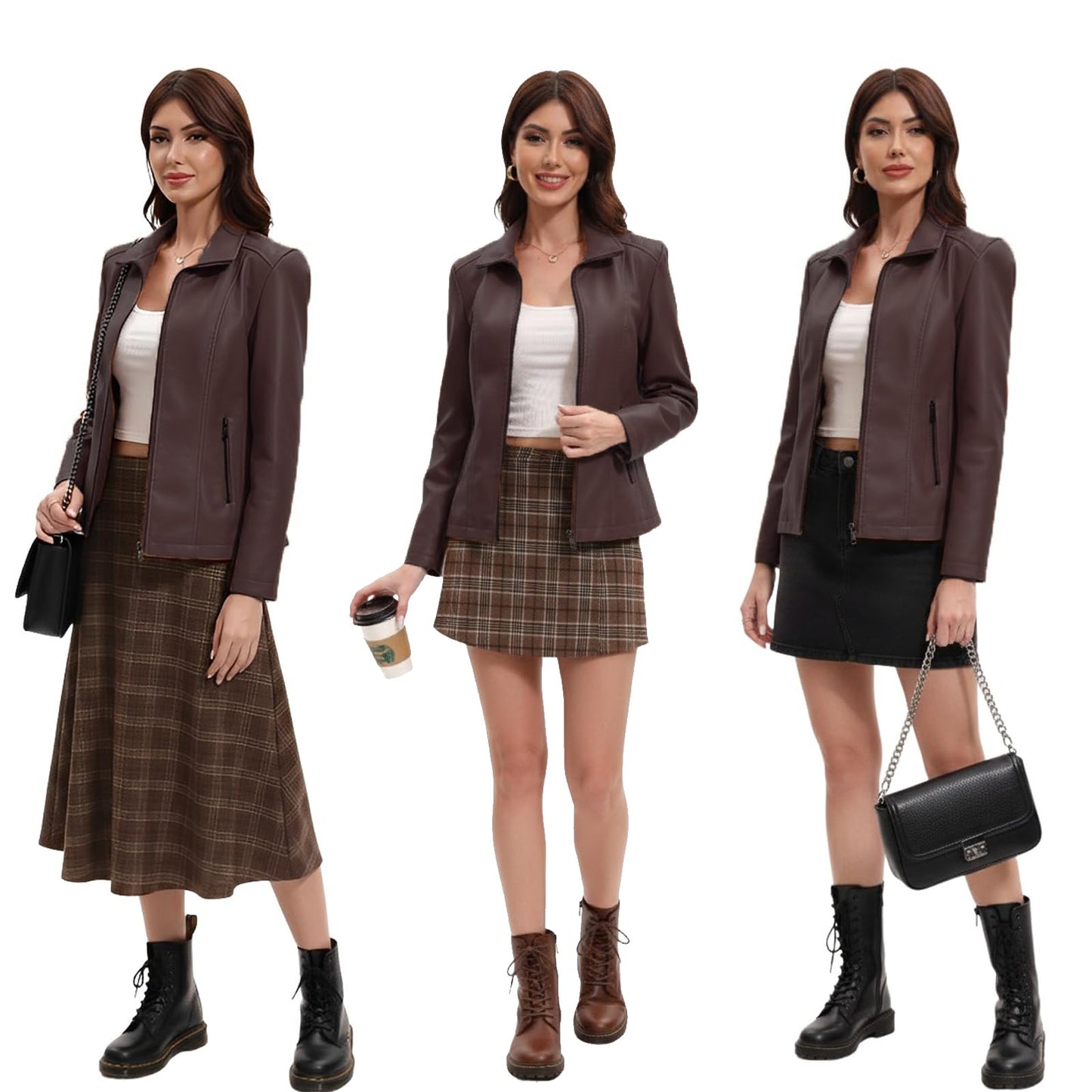CHIGUO Faux Leather Jacket for Women Motorcycle Fashion Zip Up Coat Trendy Going Out Jackets (Coffee,X-Large)