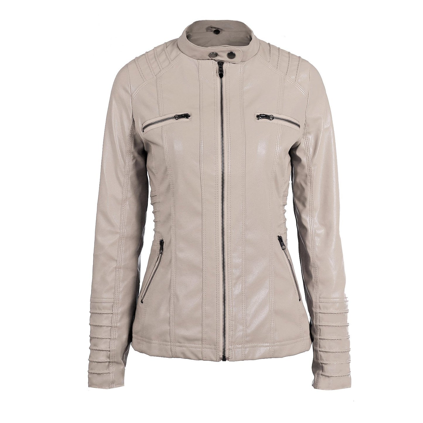 Springrain Women's Faux Leather Jacket Moto Biker Coat with Detachable Hood Motorcycle Jacket (Large, Apricot)