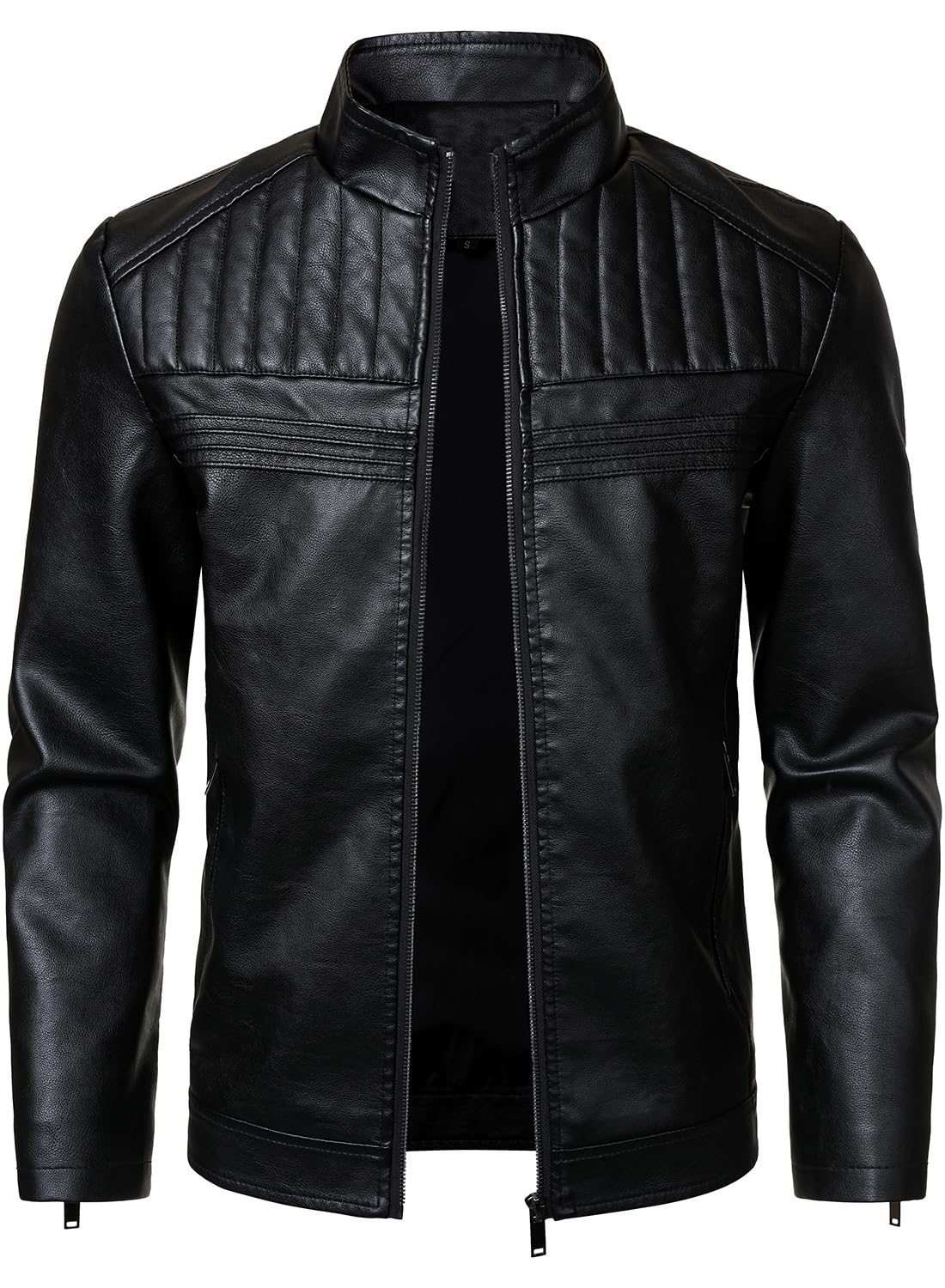 HOOD CREW Men’s Leather Jackets Faux PU Leather Motorcycle Jacket Stand Collar Biker Coat Outwear with Zipper Pockets Black XXL