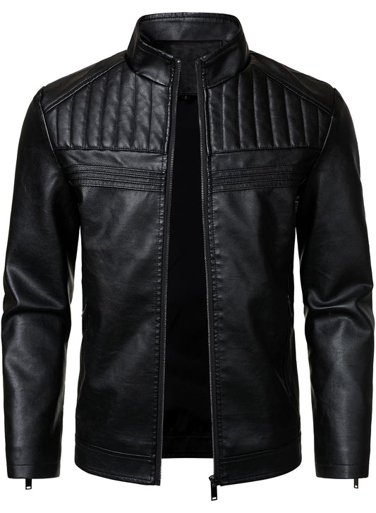 HOOD CREW Men’s Leather Jackets Faux PU Leather Motorcycle Jacket Stand Collar Biker Coat Outwear with Zipper Pockets Black XXL