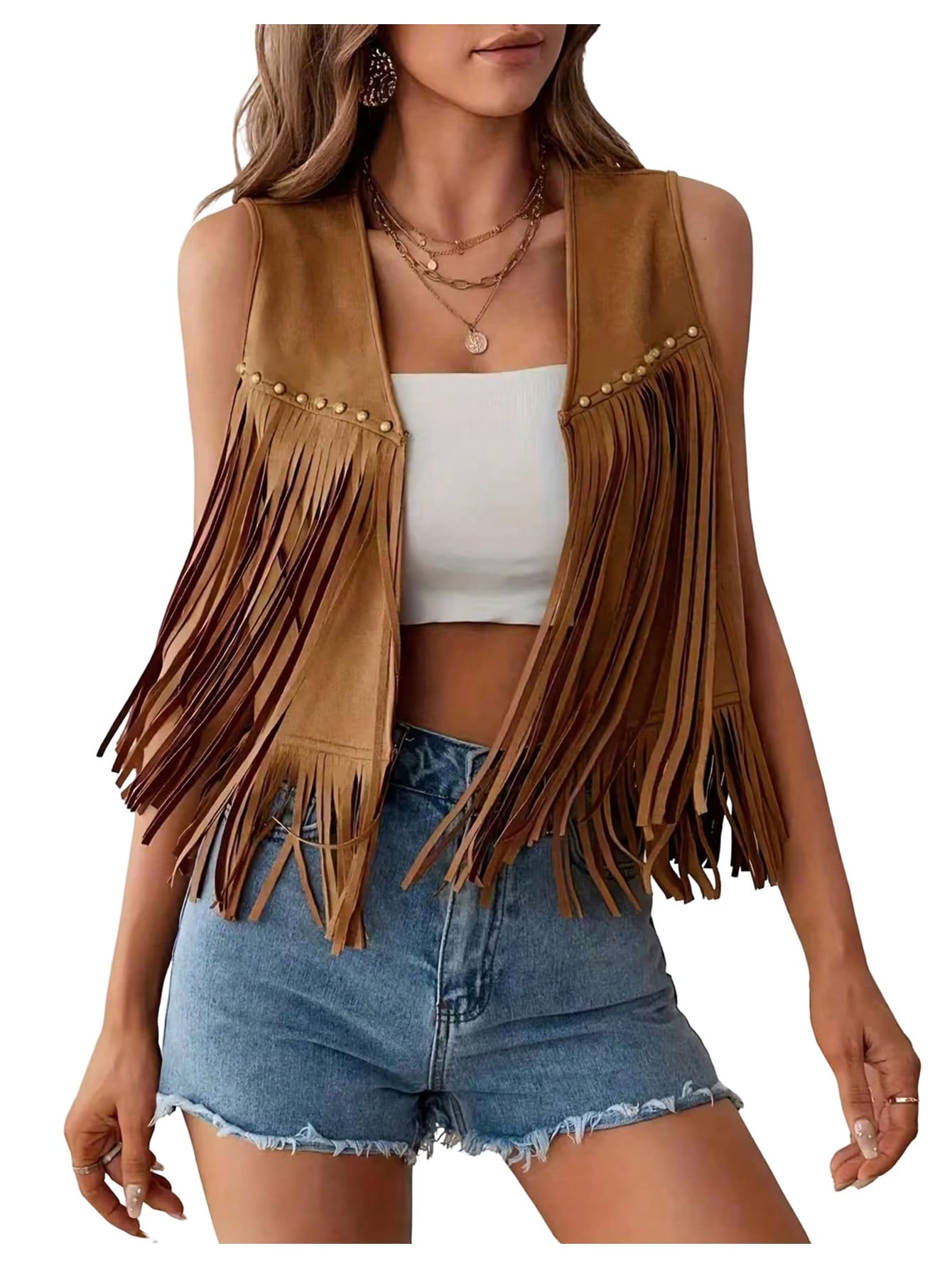 GORGLITTER Women's Western Fringe Vest Jackets Sleeveless Cowgirl 70s Hippie Faux Suede Cropped Jacket Rodeo Outfits Khaki Medium