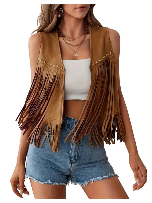 GORGLITTER Women's Western Fringe Vest Jackets Sleeveless Cowgirl 70s Hippie Faux Suede Cropped Jacket Rodeo Outfits Khaki Medium