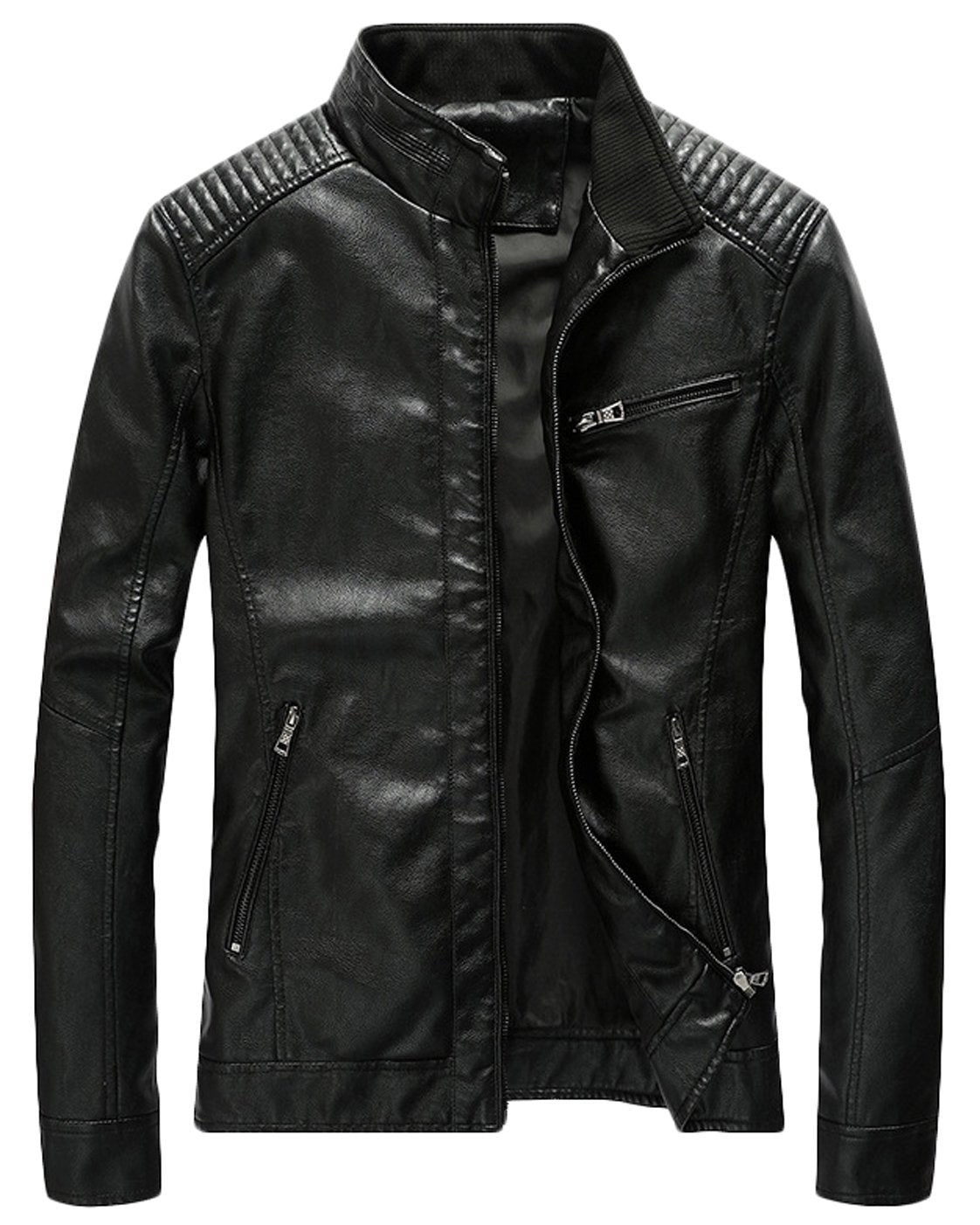 Youhan Men's Casual Zip Up Slim Bomber Faux Leather Jacket (Small, Black)