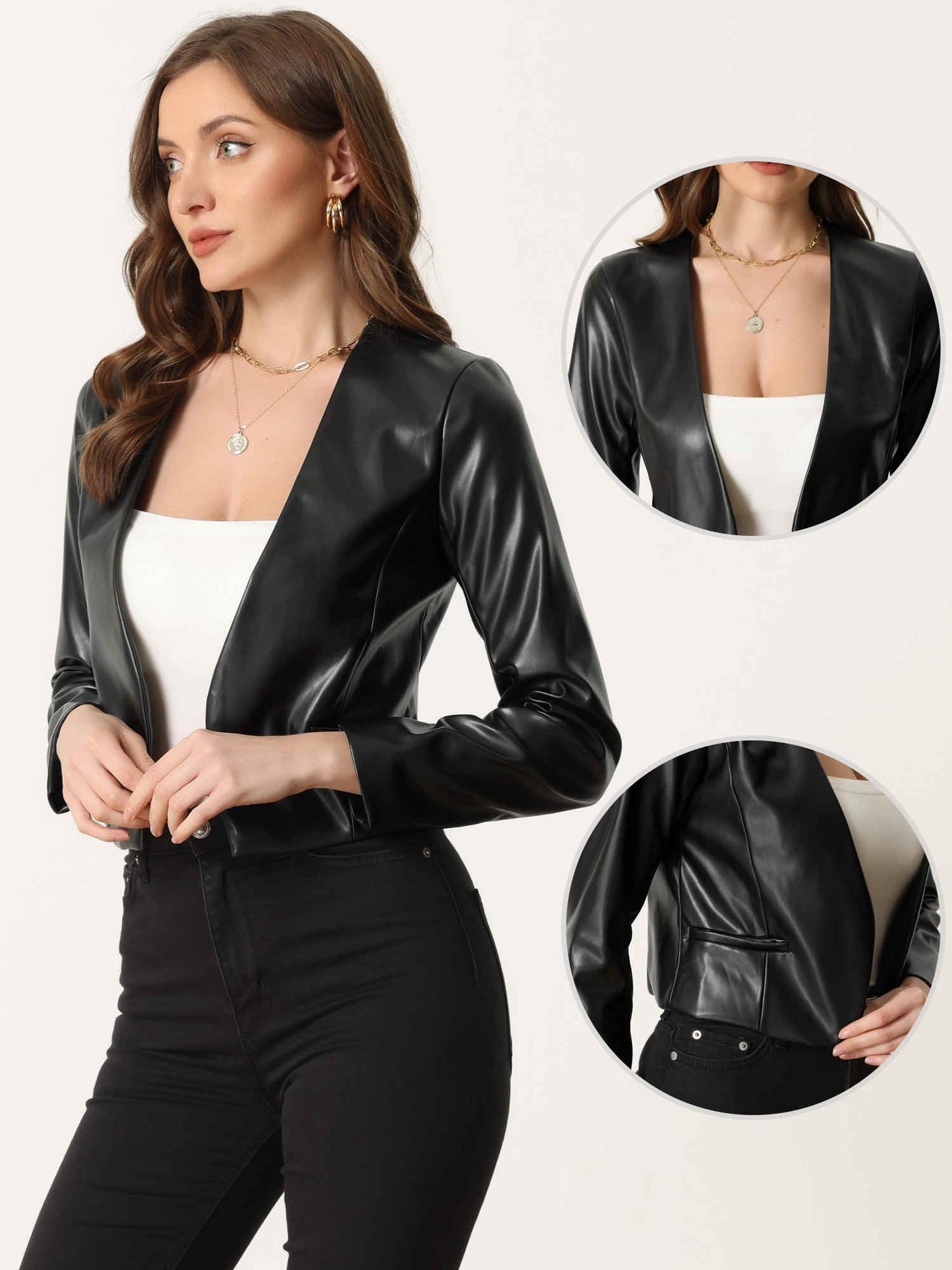 Allegra K Faux Leather Jacket for Women's Collarless Open Front Crop PU Moto Biker Jackets Small Black