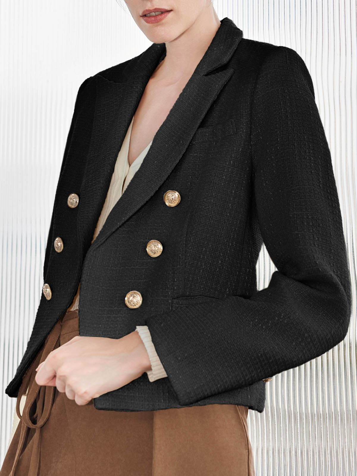 Cicy Bell Women Cropped Tweed Blazer Jackets Lapel Open Front Long Sleeve Business Suit Jackets with Pocket Black