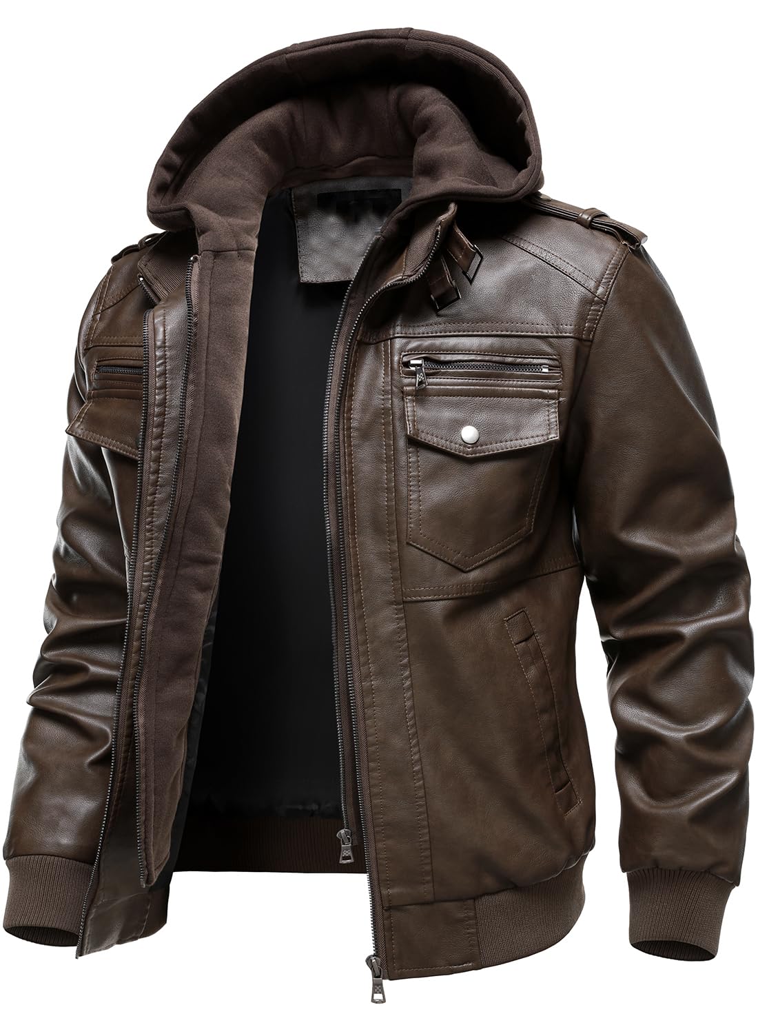HOOD CREW Men's Faux Leather Hooded Jacket Motorcycle Jackets Water Repellent Windproof PU Moto Vintage Bomber Hoodie Coats Coffee L