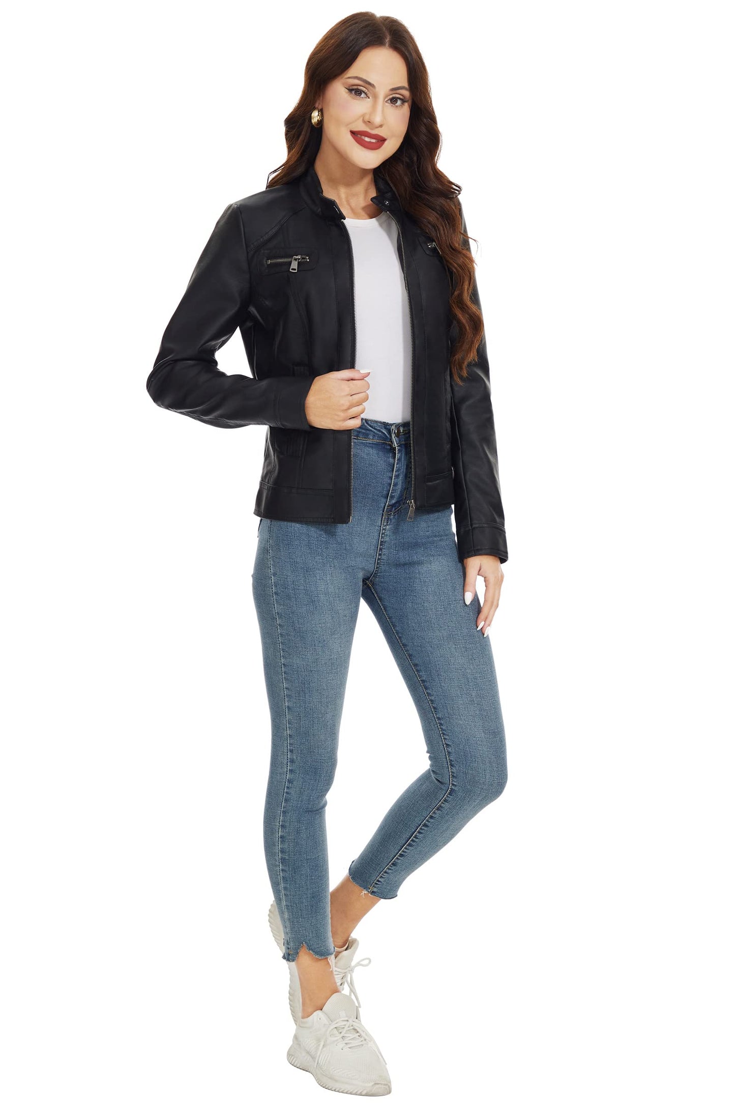 Fahsyee Women's Faux Leather Jackets, Zip Up Motorcycle Short PU Moto Biker Outwear Stand Collar Coat Size L Black