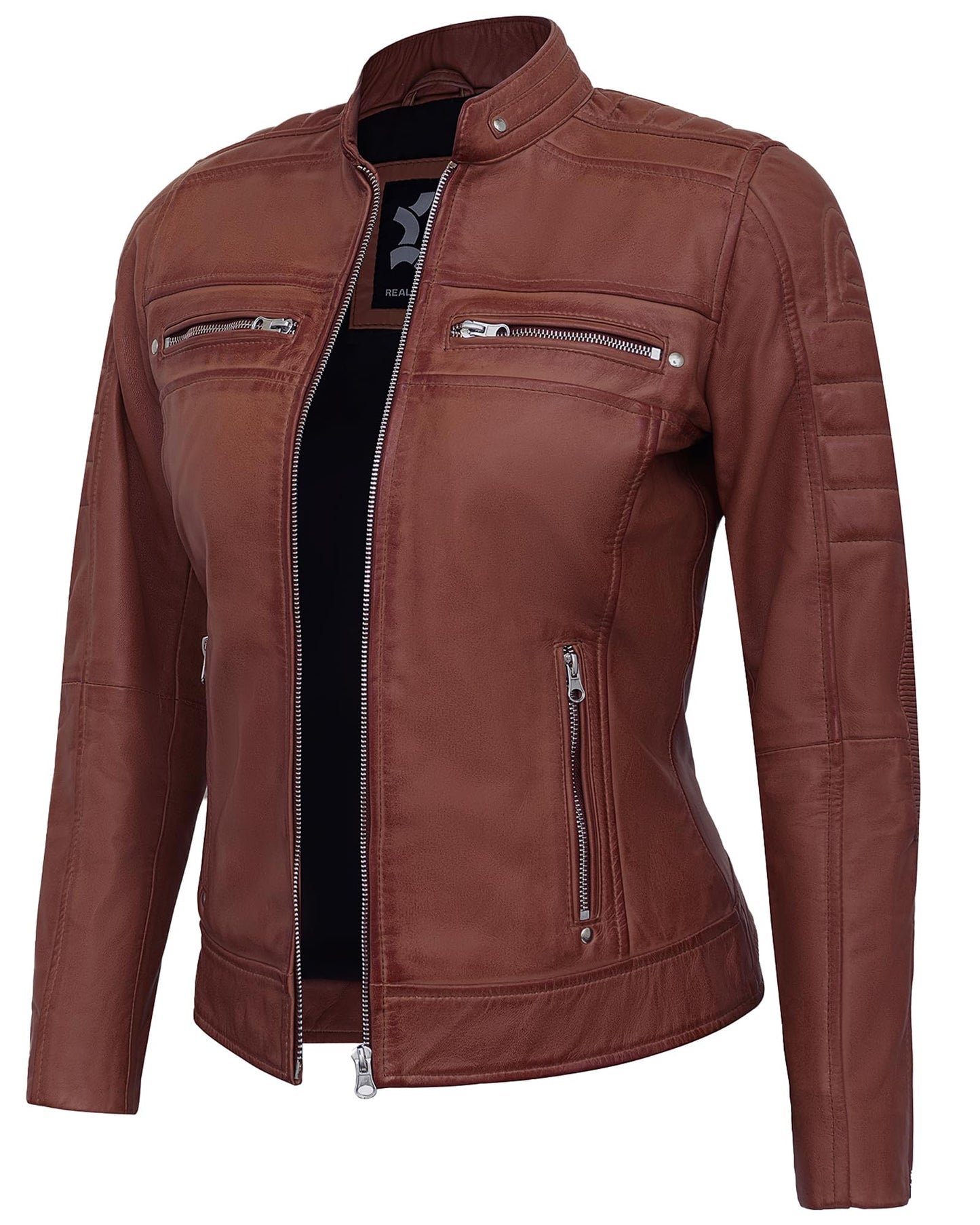UrbanFocal Womens Motorcycle Jacket - Cafe Racer Style Brown Leather Jackets For Women | [101005104] Cafe Racer Cognac, L