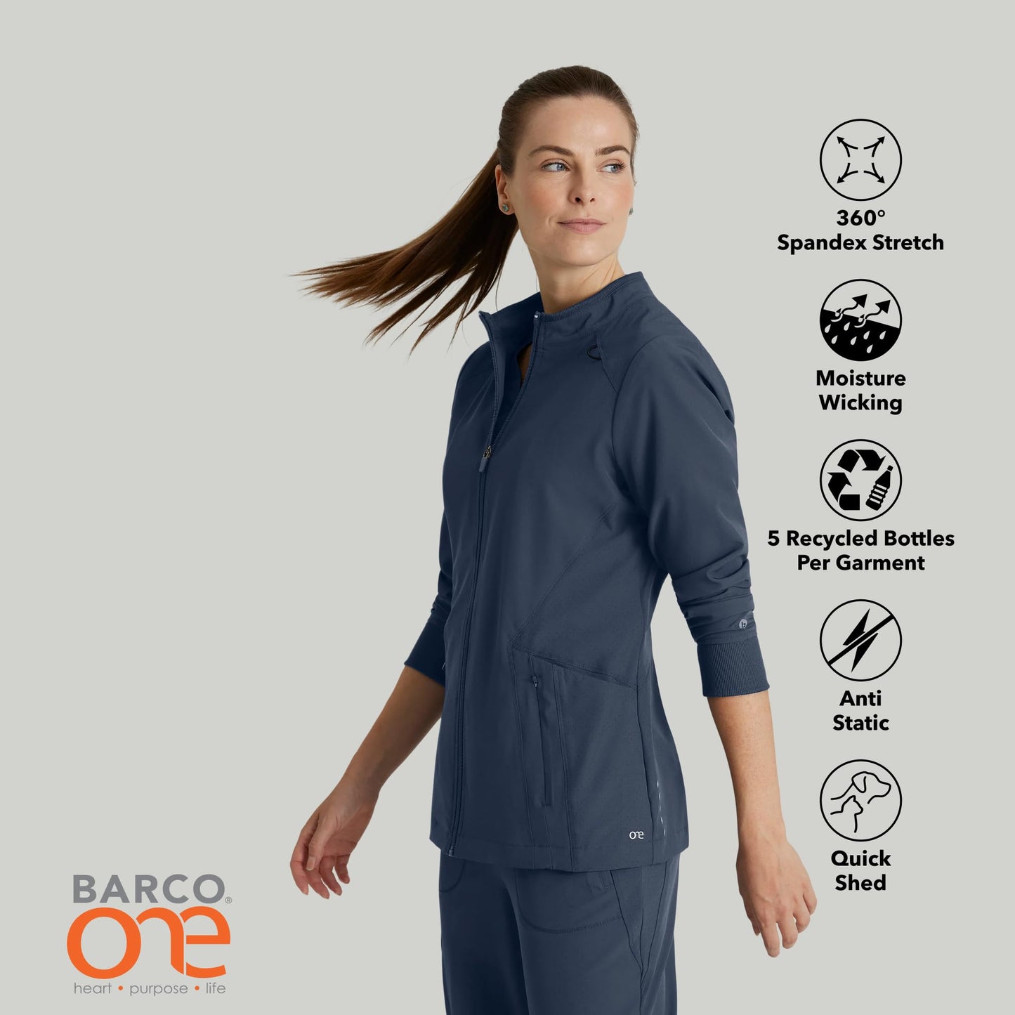 BARCO One Venture Classic Fit Scrub Warm-Up Jacket for Women – Steel, 4-Pocket Scrub Jacket w/ 360 Spandex Stretch – Moisture Wicking, Anti-Static & Quick Shed – XL, Regular Fit