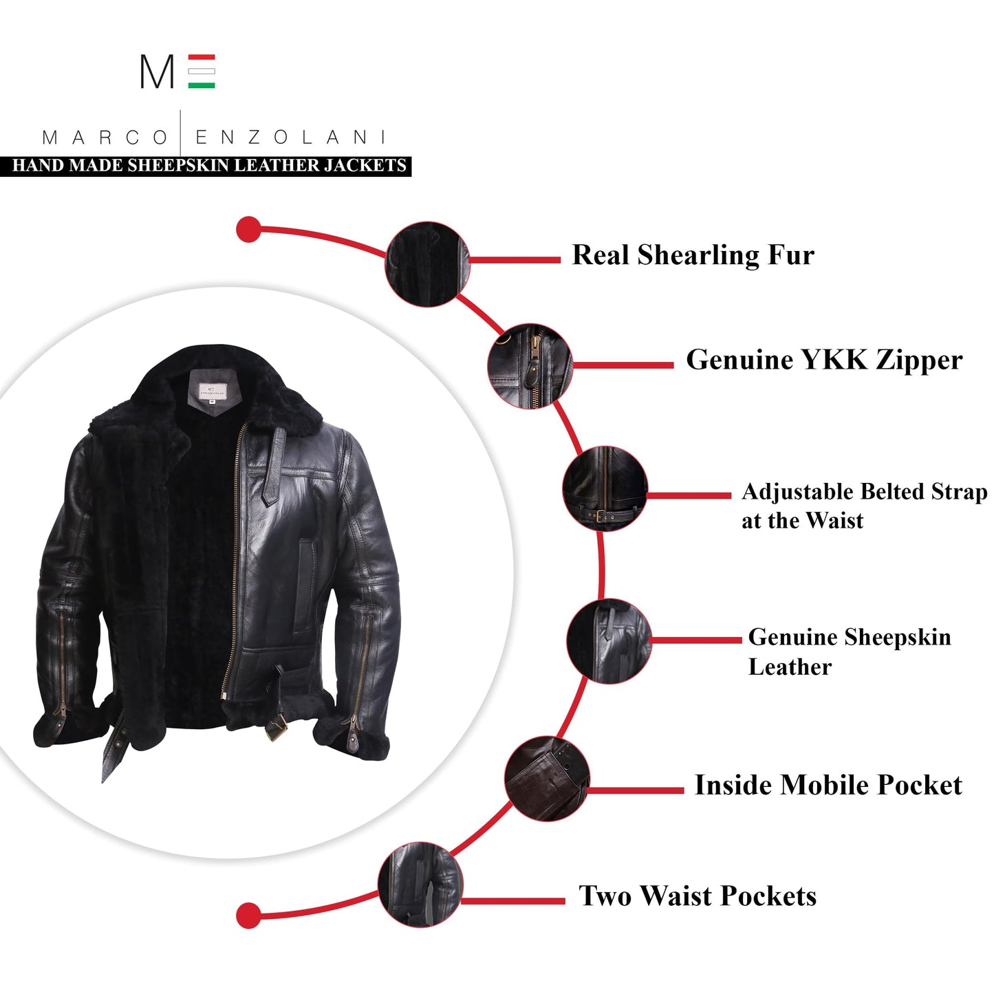 MARCO ENZOLANI RAF Bomber Bomber Jacket Aviator Real Shearling Sheepskin Leather Jacket (Ginger Black -S)