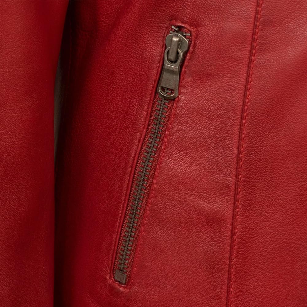 Café Racer Leather Jacket Women - Zip Up Moto Biker Style Casual Fashion Real Lambskin Women's Leather Jacket (US, Alpha, X-Small, Regular, Regular, Red)