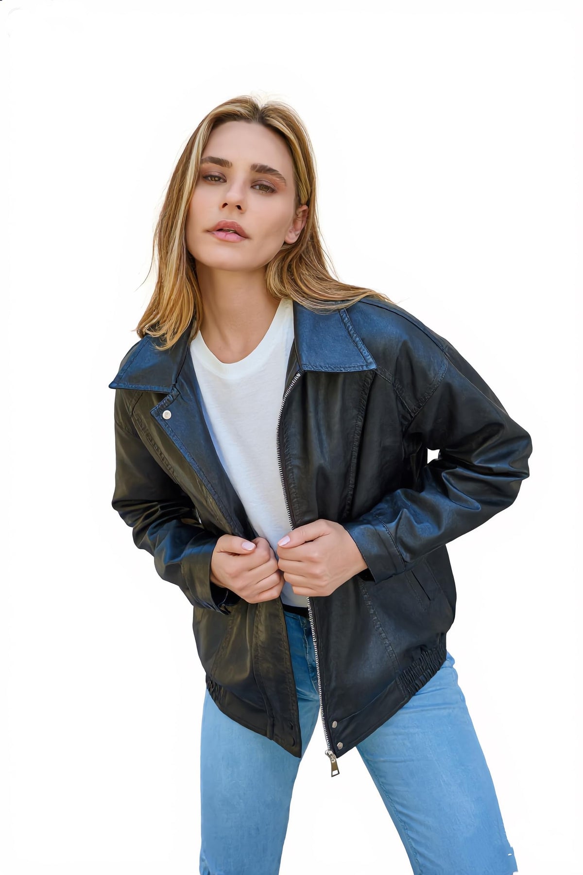 Women's Oversized Faux Leather Bomber Jacket, Zip Up Motorcycle Street Coat