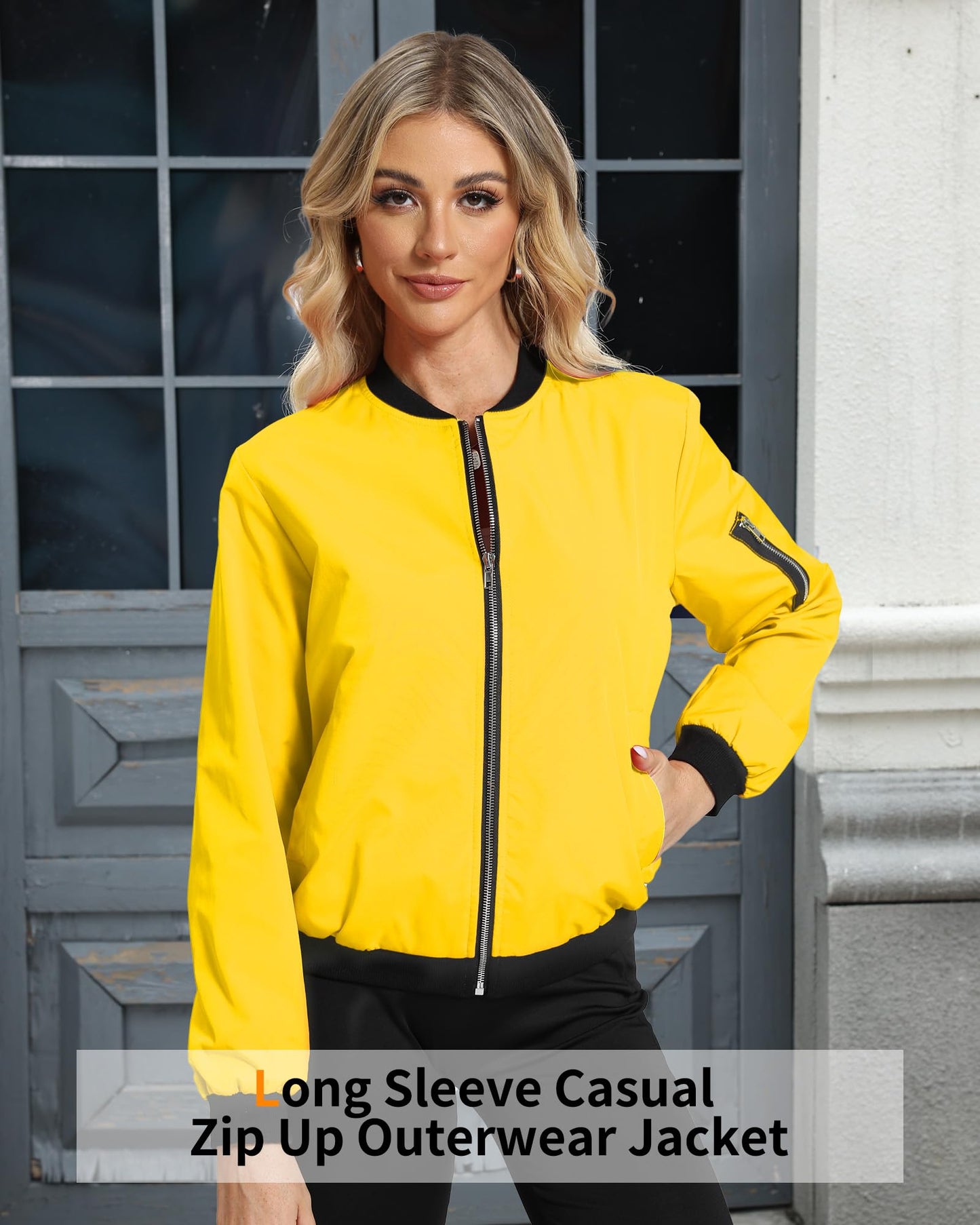 Argstar Women's Bomber Jacket Lightweight Casual Zip Up Outerwear Windbreaker with Pockets Yellow L