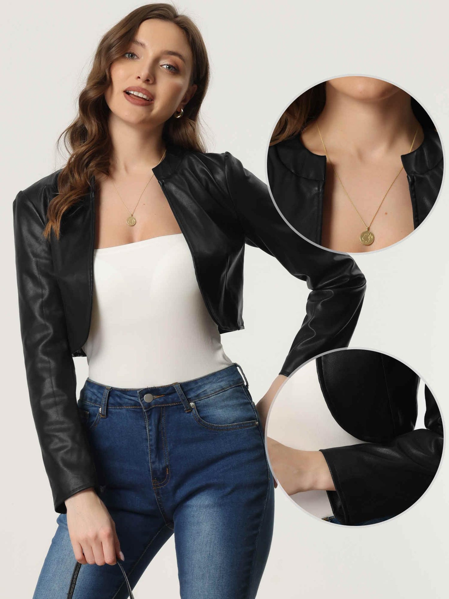 Allegra K Jacket for Women's Open Front Long Sleeve PU Cropped Jacket Coat Medium Black