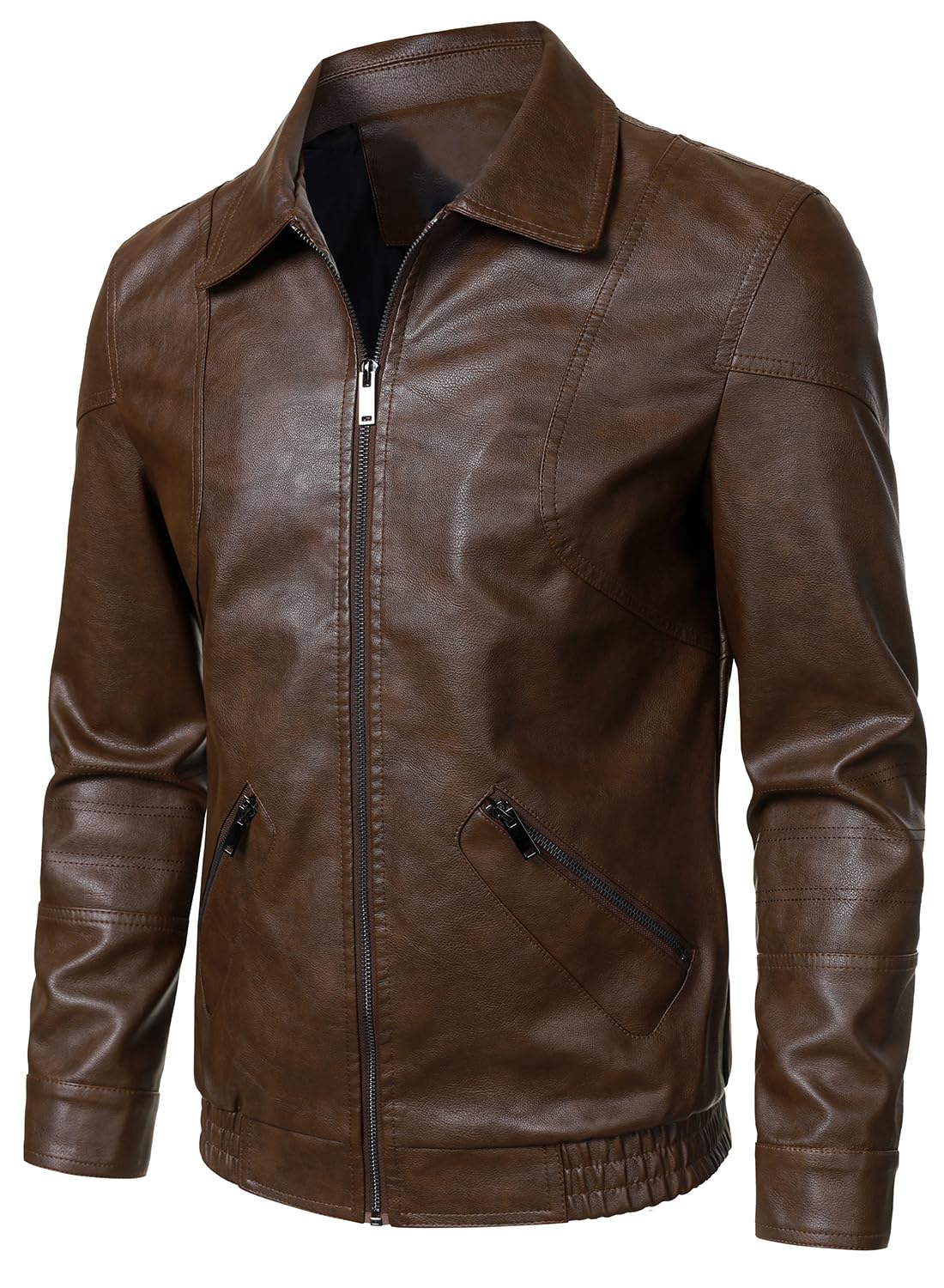 HOOD CREW Men’s Faux Leather Jacket Biker Coats Stylish Leather Bomber Jacket for Men Coffee M