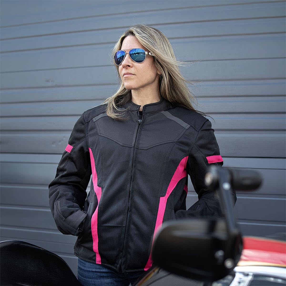 Milwaukee Leather MPL2794 Black and Pink Mesh/Textile Armored Motorcycle Racer Jacket for Women - All Season Jackets - Medium