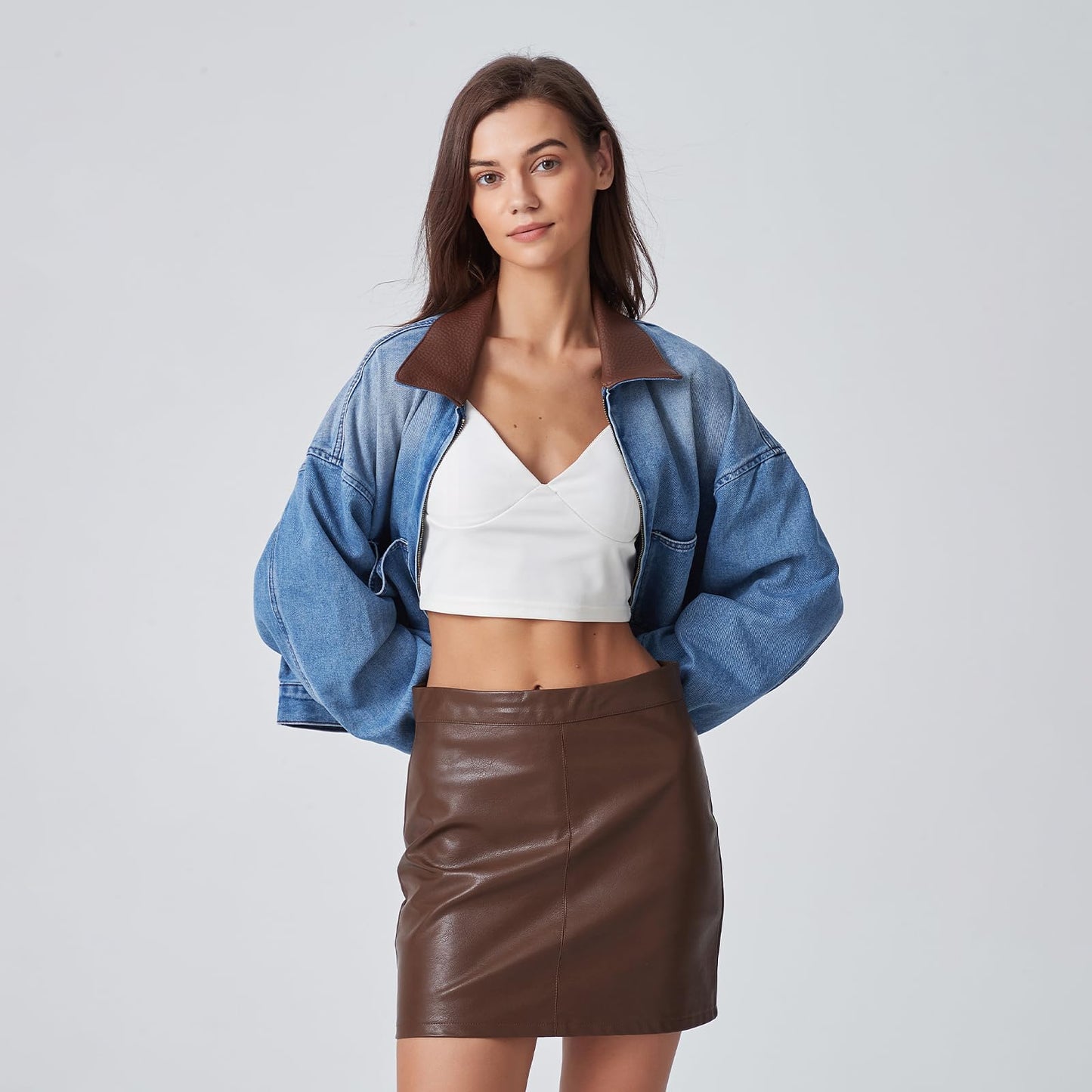 D-Sun Women's Denim Jackets Fake Leather Collar Long Sleeve Zipper Cropped Jean Jacket Denim Coat With Pockets