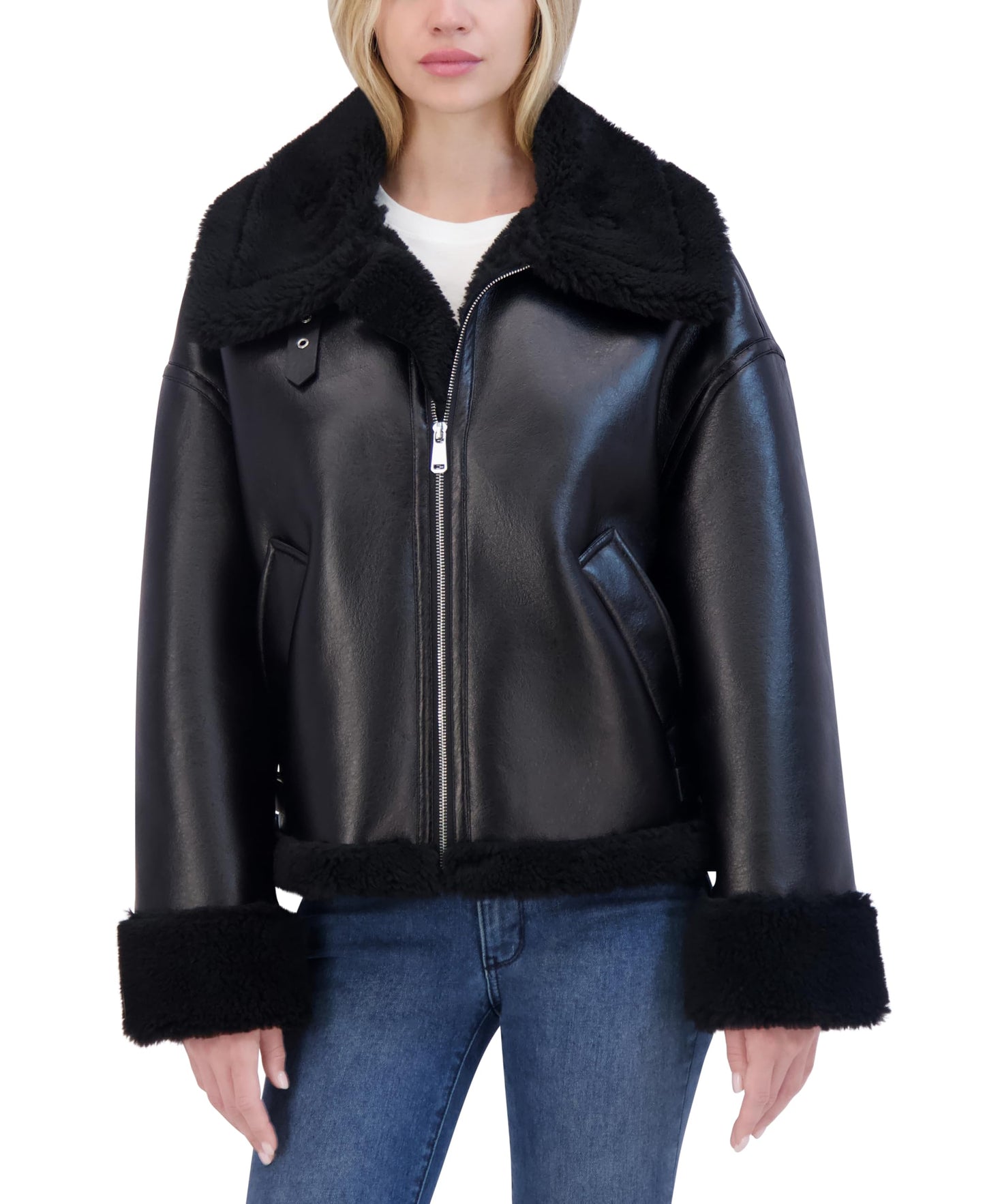 Laundry Women's Faux Shearling Leather Jacket, Black, X-Small