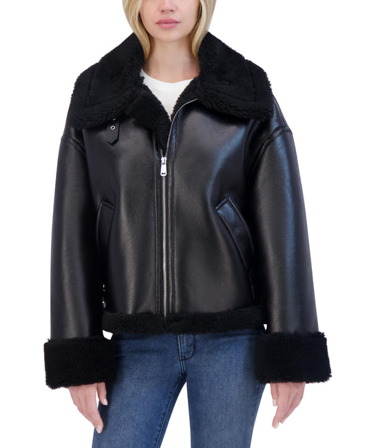 Laundry Women's Faux Shearling Leather Jacket, Black, X-Small
