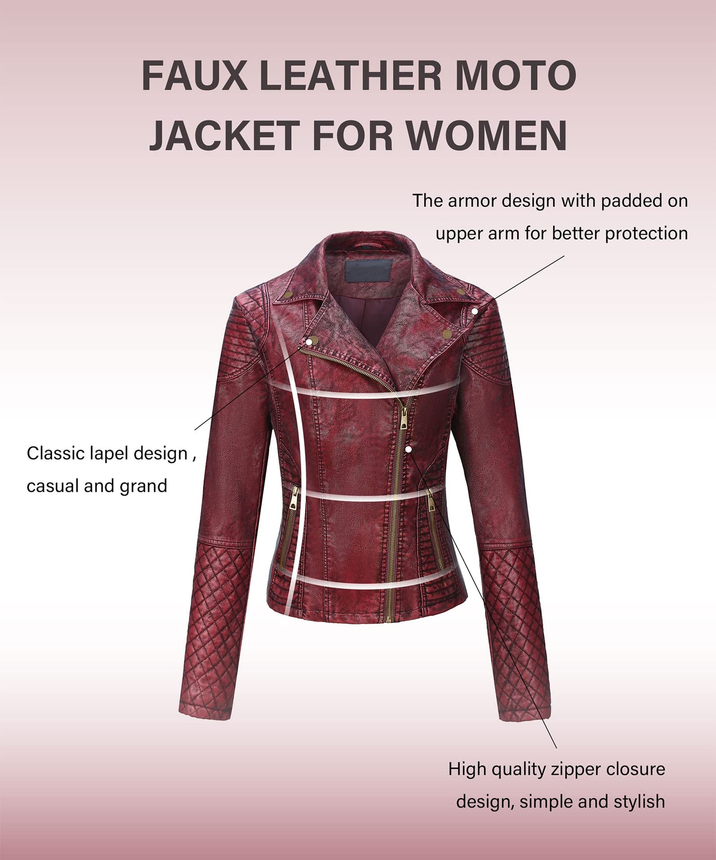 Bellivera Women's Faux Leather Casual Moto Lightweight Jacket Red 2M