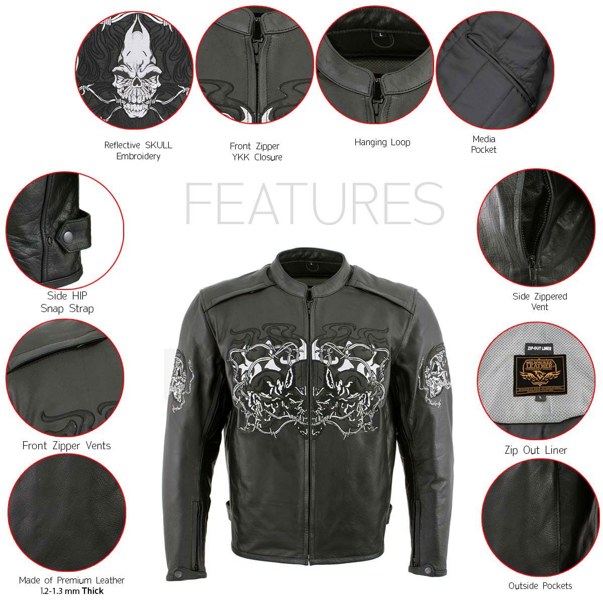 Milwaukee Leather Men's Racer Style Premium Leather Motorcycle Jackets - Large